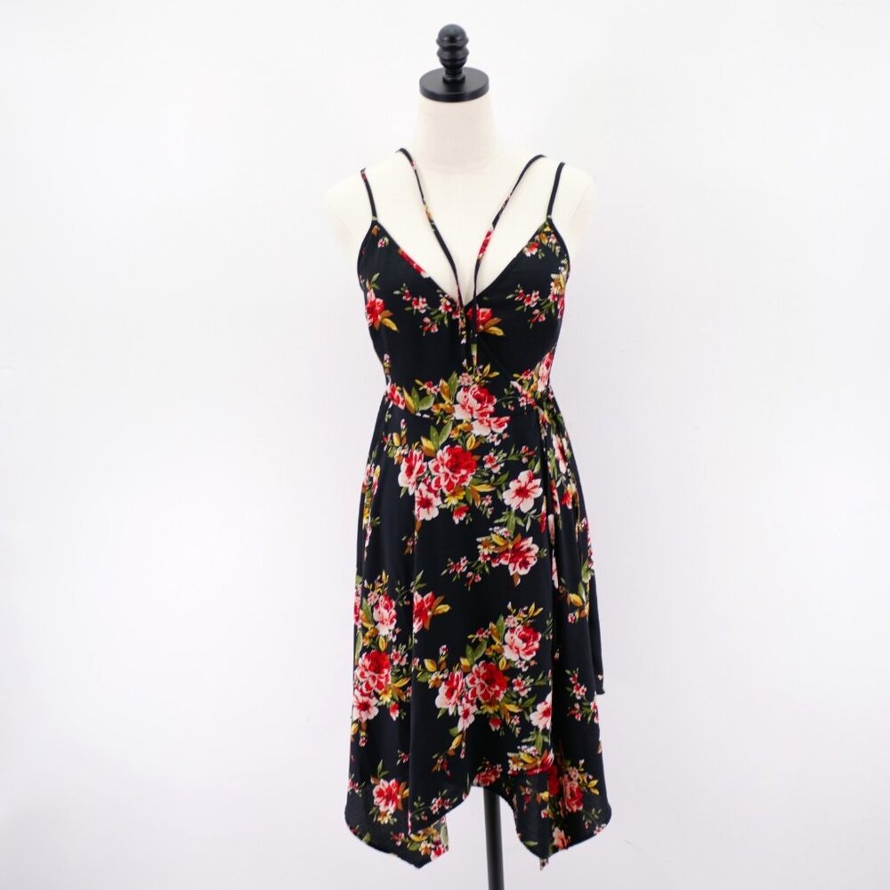 Xhilaration Black Red Floral Spaghetti Strap XS V-Neck A-Line Sun Dress
